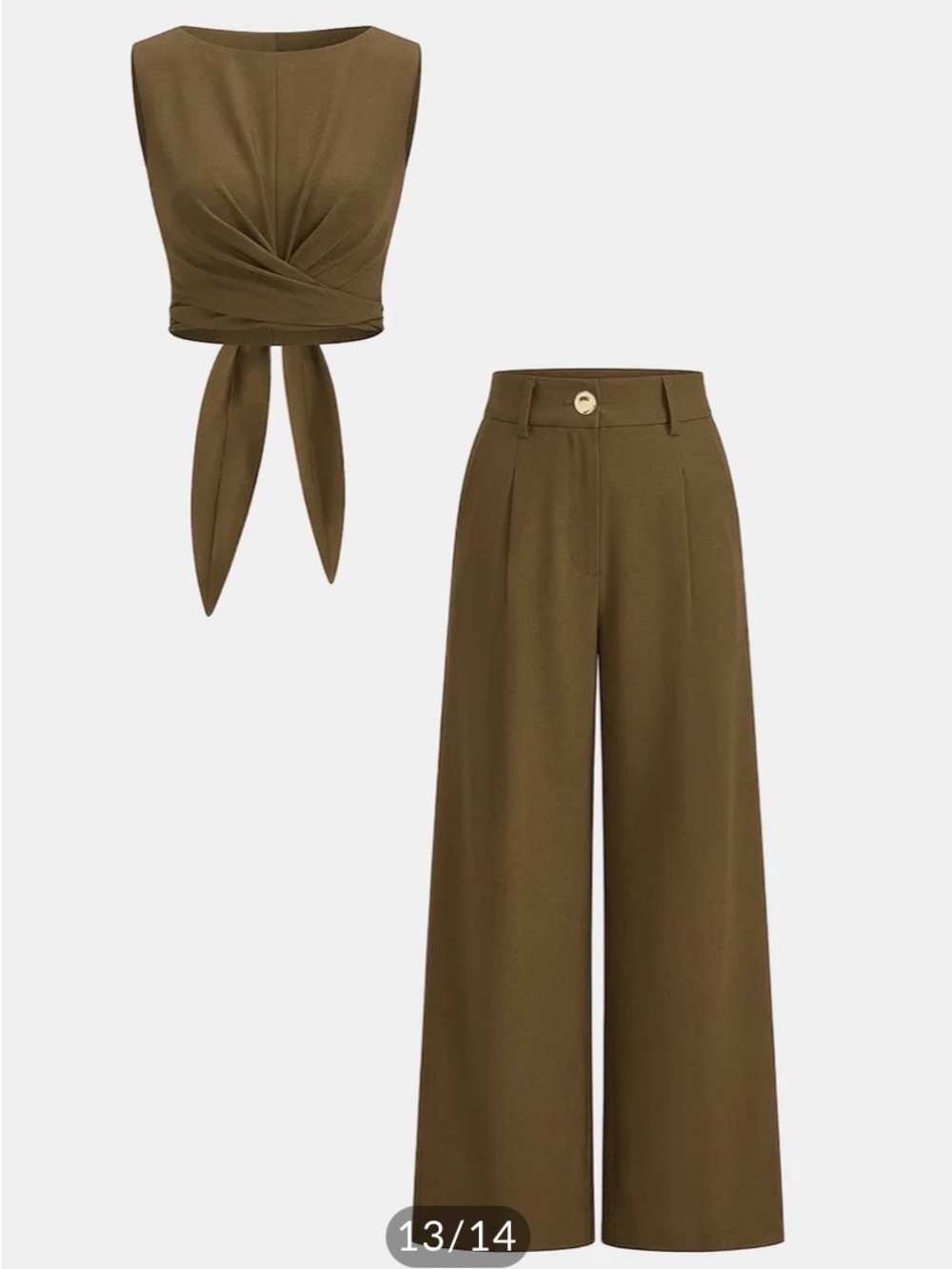 Commense Olive Tie-Front Crop Top & Wide-Leg Pants Set